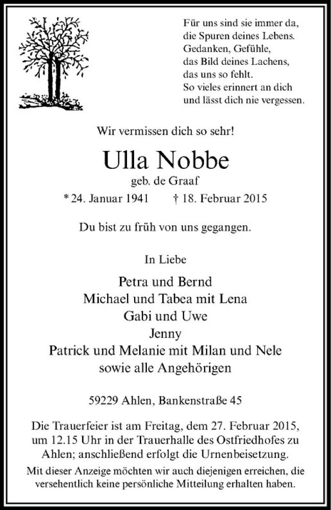  Traueranzeige für Ulla Nobbe vom 21.02.2015 aus Westfälische Nachrichten