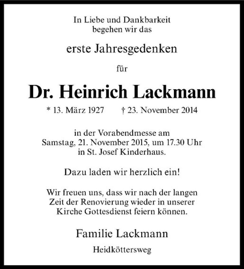  Traueranzeige für Heinrich Lackmann vom 13.11.2015 aus Westfälische Nachrichten