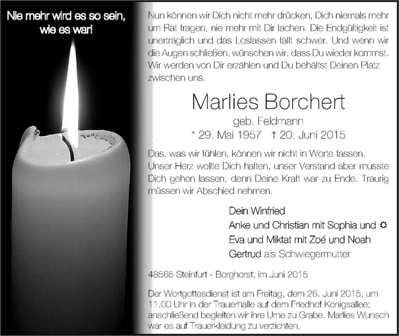  Traueranzeige für Marlies Borchert vom 23.06.2015 aus Westfälische Nachrichten