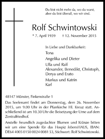 Anzeige von Rolf Schwintowski von Westfälische Nachrichten
