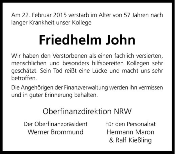Anzeige von Friedhelm John von Westfälische Nachrichten