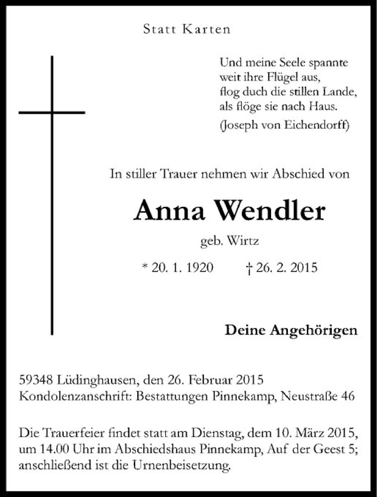  Traueranzeige für Anna Wendler vom 06.03.2015 aus Westfälische Nachrichten