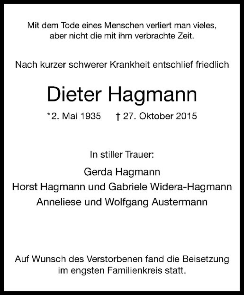  Traueranzeige für Dieter Hagmann vom 07.11.2015 aus Westfälische Nachrichten