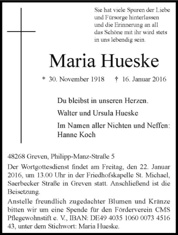 Anzeige von Maria Hueske von Westfälische Nachrichten