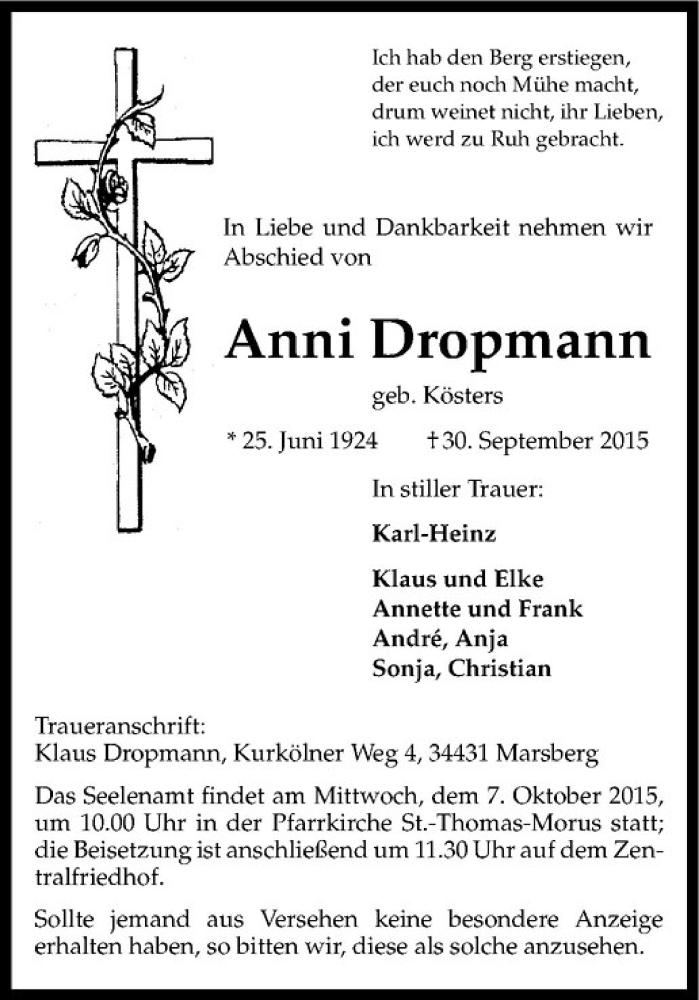  Traueranzeige für Anni Dropmann vom 03.10.2015 aus Westfälische Nachrichten