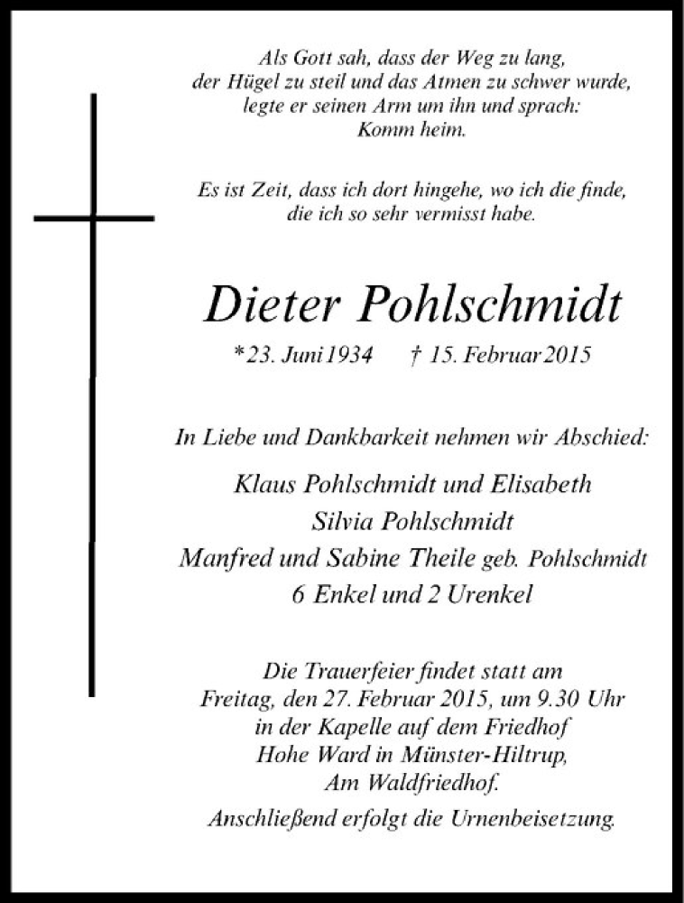 Traueranzeige für Dieter Pohlschmidt vom 25.02.2015 aus Westfälische Nachrichten