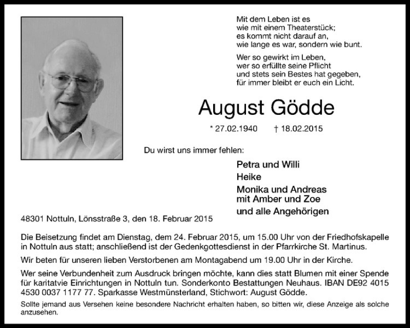 Traueranzeige für August Gödde vom 21.02.2015 aus Westfälische Nachrichten