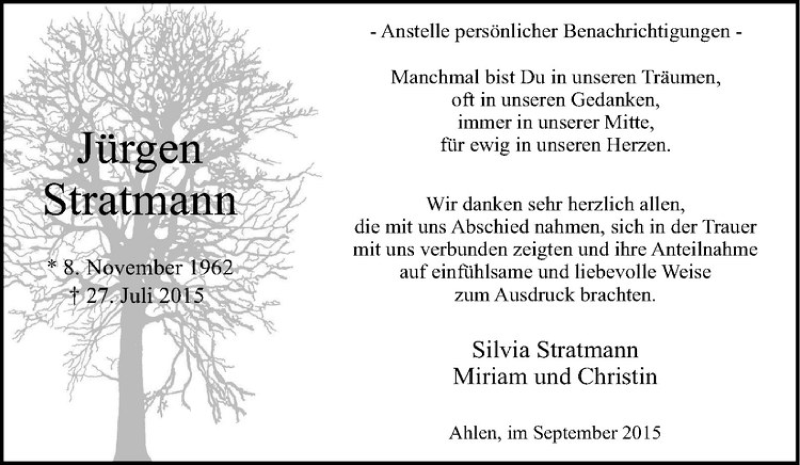  Traueranzeige für Jürgen Stratmann vom 12.09.2015 aus Westfälische Nachrichten