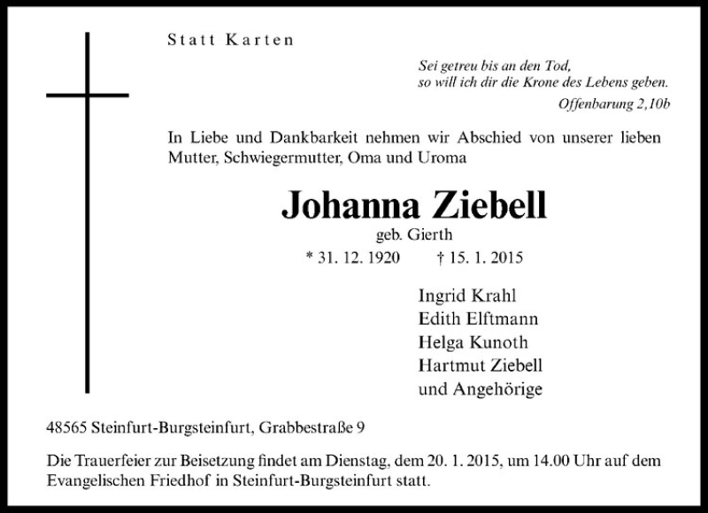  Traueranzeige für Johanna Ziebell vom 19.01.2015 aus Westfälische Nachrichten