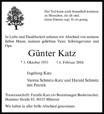 Anzeige von Günter Katz von Westfälische Nachrichten