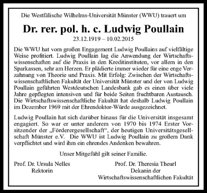  Traueranzeige für Ludwig Poullain vom 14.02.2015 aus Westfälische Nachrichten