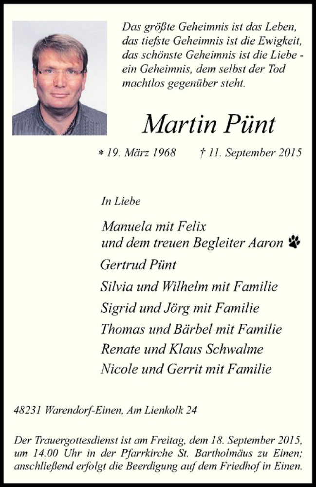  Traueranzeige für Martin Pünt vom 16.09.2015 aus Westfälische Nachrichten