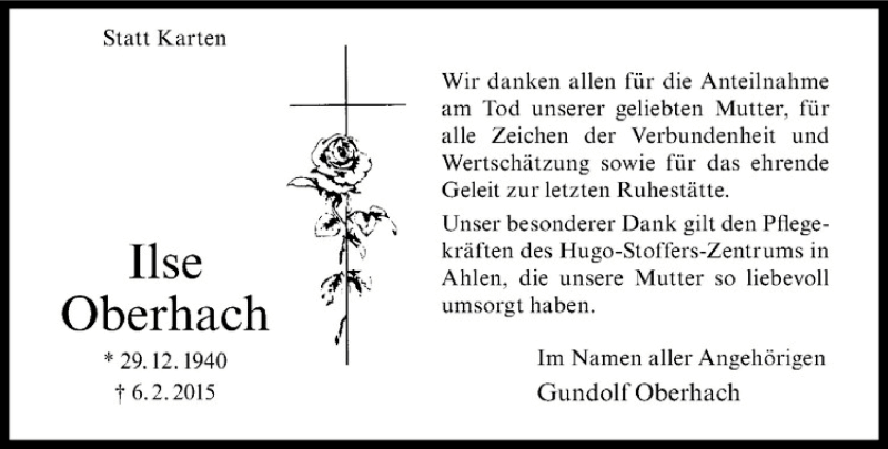  Traueranzeige für Ilse Oberhach vom 08.04.2015 aus Westfälische Nachrichten