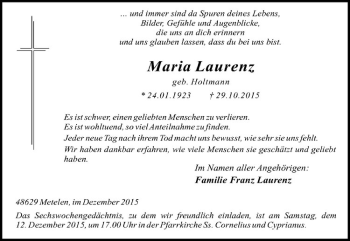 Anzeige von Maria Laurenz von Westfälische Nachrichten