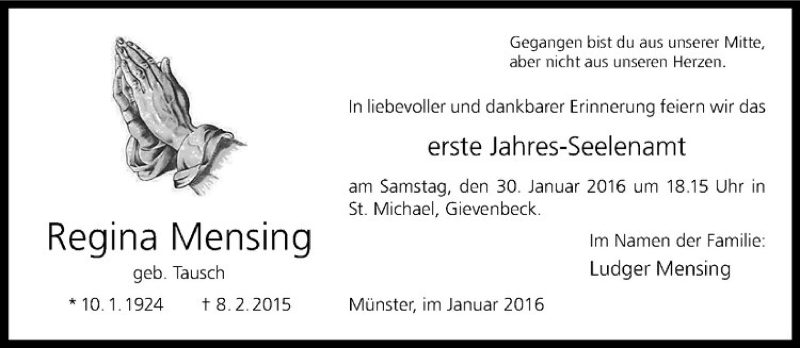  Traueranzeige für Regina Mensing vom 27.01.2016 aus Westfälische Nachrichten