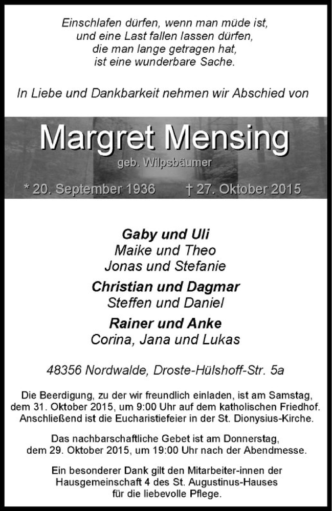  Traueranzeige für Margret Mensing vom 29.10.2015 aus Westfälische Nachrichten