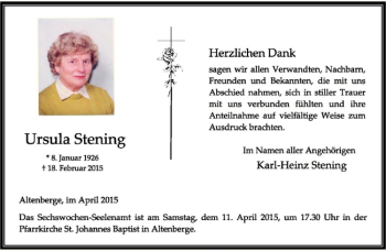 Anzeige von Ursula Stening von Westfälische Nachrichten