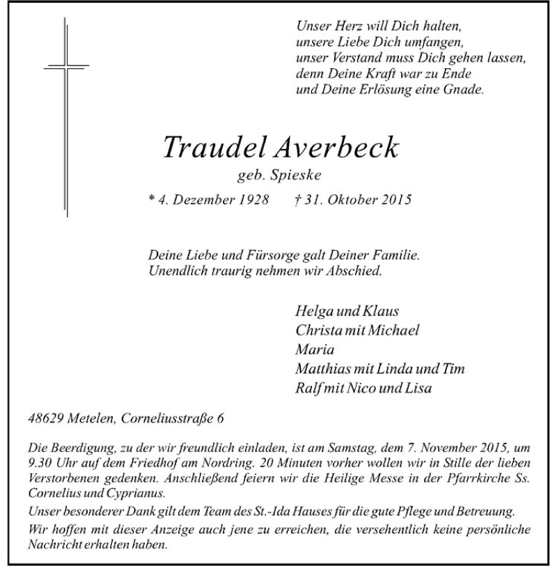  Traueranzeige für Traudel Averbeck vom 04.11.2015 aus Westfälische Nachrichten