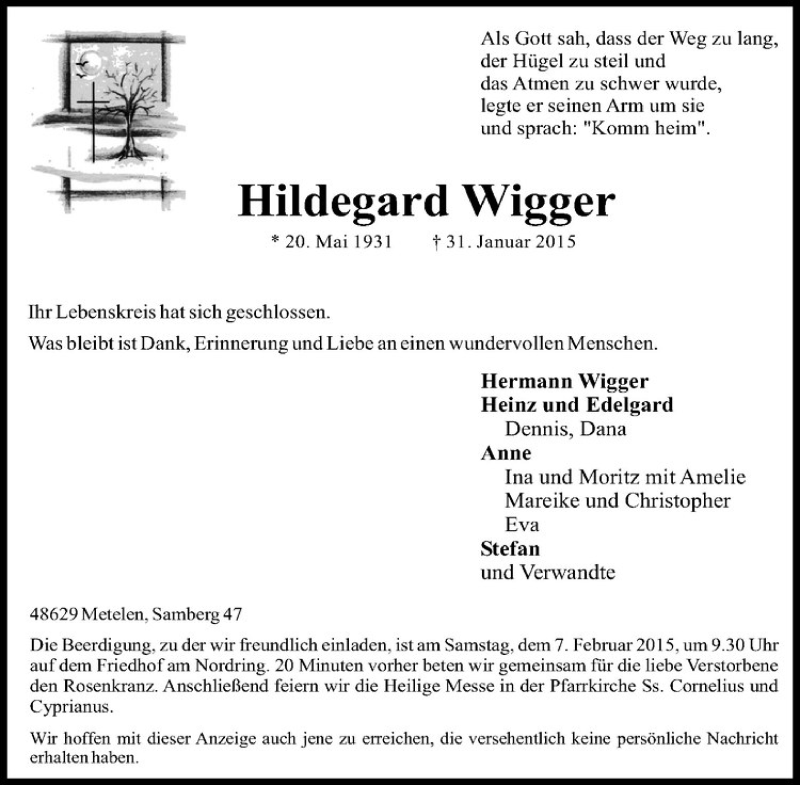  Traueranzeige für Hildegard Wigger vom 03.02.2015 aus Westfälische Nachrichten