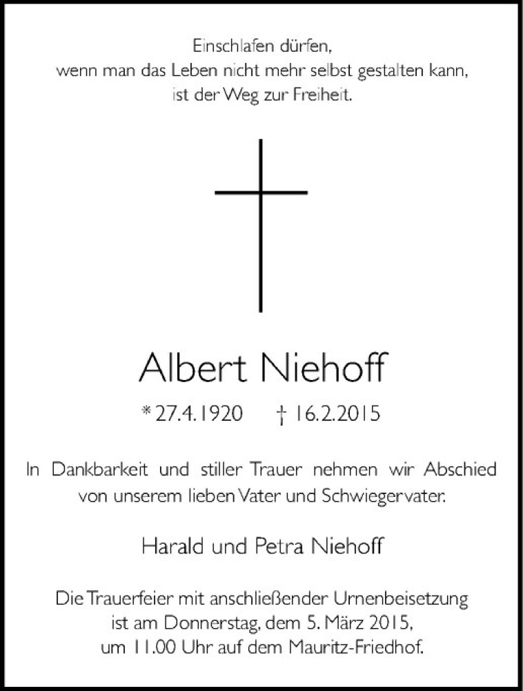  Traueranzeige für Albert Niehoff vom 02.03.2015 aus Westfälische Nachrichten