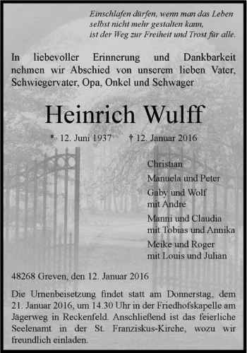 Anzeige von Heinrich Wulff von Westfälische Nachrichten