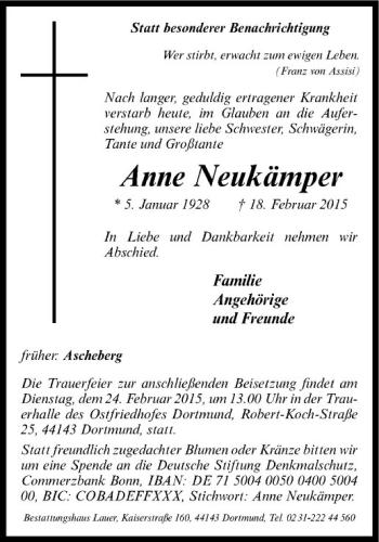 Anzeige von Anne Neukämper von Westfälische Nachrichten