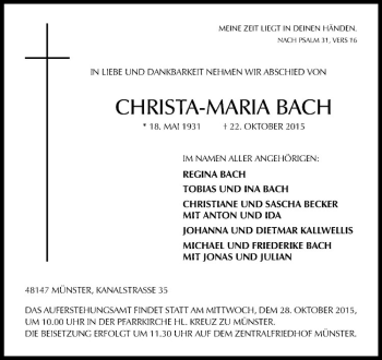 Anzeige von Christa-Maria Bach von Westfälische Nachrichten