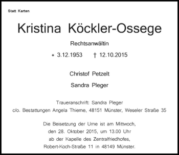 Anzeige von Kristina Köckler-Ossege von Westfälische Nachrichten