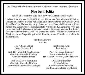Anzeige von Norbert Klitz von Westfälische Nachrichten