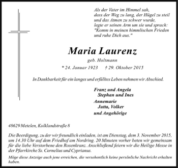 Anzeige von Maria Laurenz von Westfälische Nachrichten
