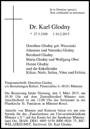 Anzeige von Karl Glodny von Westfälische Nachrichten