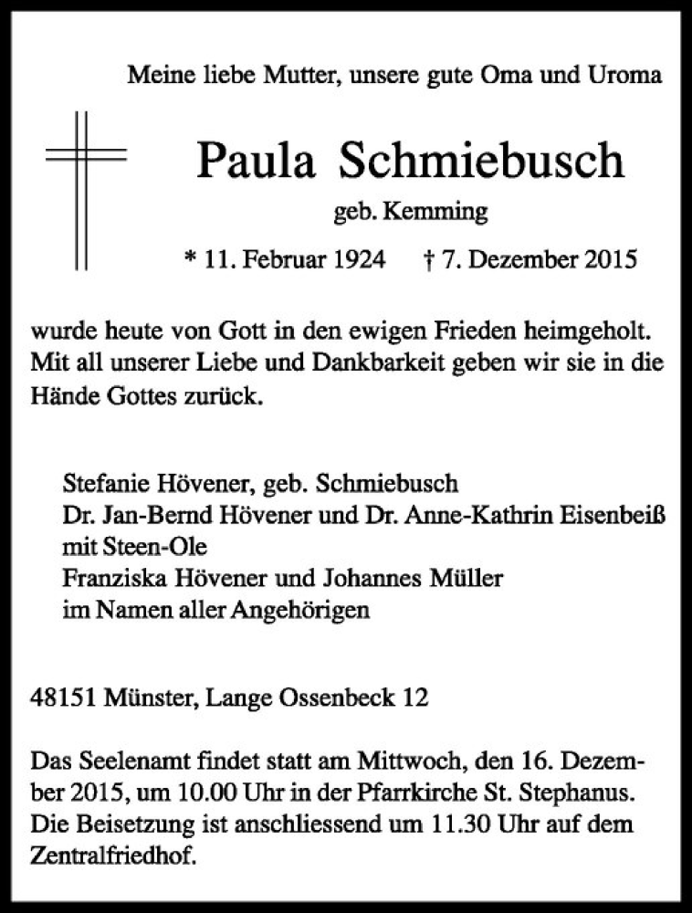  Traueranzeige für Paula Schmiebusch vom 12.12.2015 aus Westfälische Nachrichten