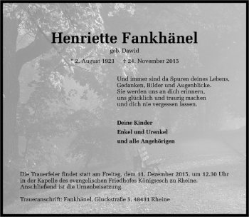 Anzeige von Henriette Fankhänel von Westfälische Nachrichten