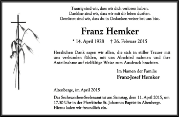 Anzeige von Franz Hemker von Westfälische Nachrichten