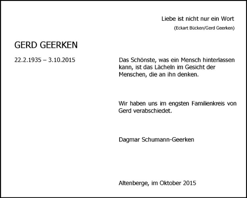  Traueranzeige für Gerd Geerken vom 17.10.2015 aus Westfälische Nachrichten