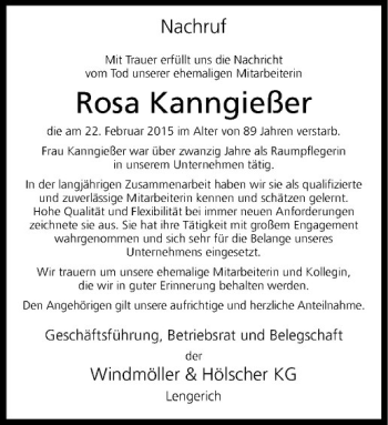 Anzeige von Rosa Kanngießer von Westfälische Nachrichten