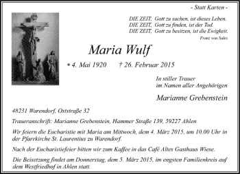 Anzeige von Maria Wulf von Westfälische Nachrichten