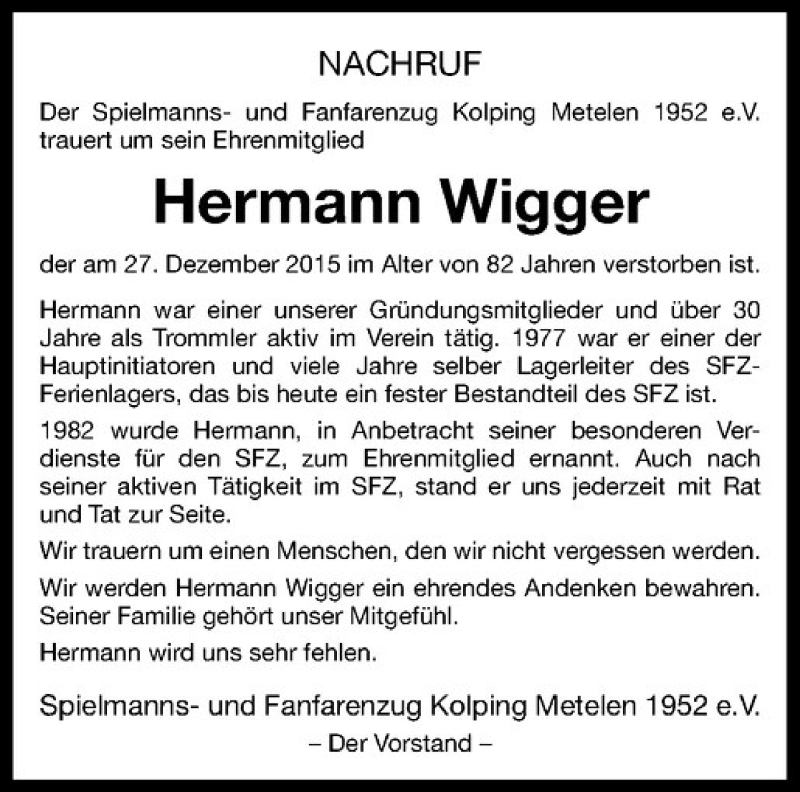  Traueranzeige für Hermann Wigger vom 31.12.2015 aus Westfälische Nachrichten
