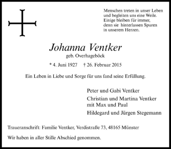 Anzeige von Johanna Ventker von Westfälische Nachrichten