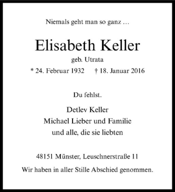 Anzeige von Elisabeth Keller von Westfälische Nachrichten