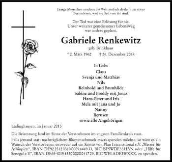 Anzeige von Gabriele Renkewitz von Westfälische Nachrichten
