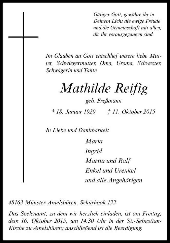  Traueranzeige für Mathilde Reifig vom 12.10.2015 aus Westfälische Nachrichten