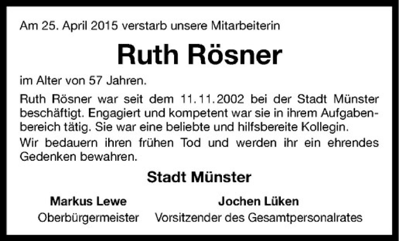  Traueranzeige für Ruth Rösner vom 07.05.2015 aus Westfälische Nachrichten