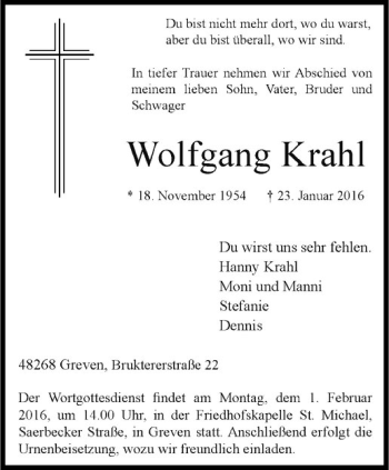Anzeige von Wolfgang Krahl von Westfälische Nachrichten