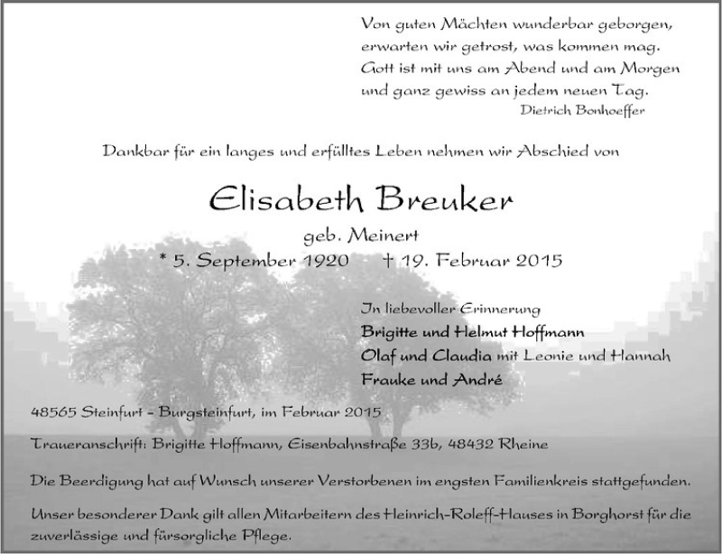  Traueranzeige für Elisabeth Breuker vom 25.02.2015 aus Westfälische Nachrichten