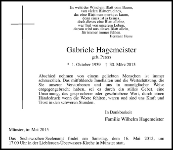 Anzeige von Gabriele Hagemeister von Westfälische Nachrichten