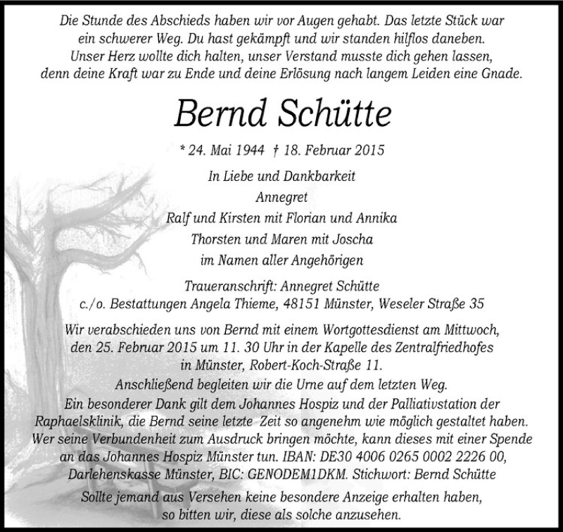  Traueranzeige für Bernd Schütte vom 21.02.2015 aus Westfälische Nachrichten