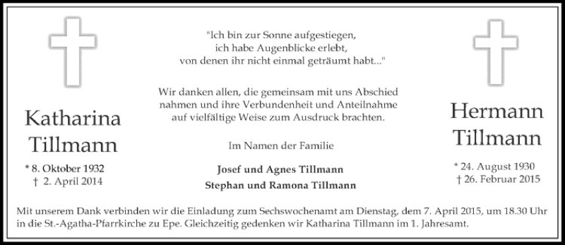  Traueranzeige für Katharina Tillmann vom 03.04.2015 aus Westfälische Nachrichten