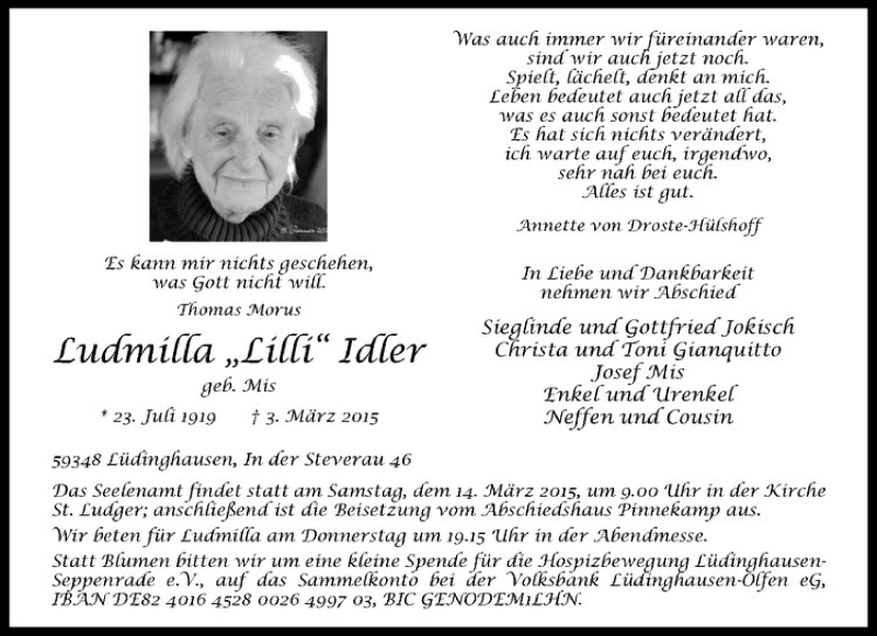  Traueranzeige für Ludmilla Idler vom 07.03.2015 aus Westfälische Nachrichten