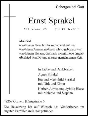 Anzeige von Ernst Sprakel von Westfälische Nachrichten